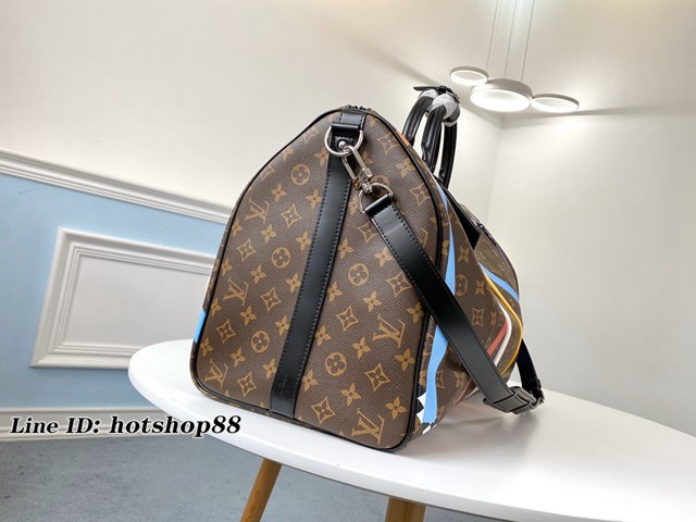 路易威登LV旅行包 M55819 KEEPALL 50旅行袋 LV老花黑皮條紋格子絲印男士旅行袋 xxlv2562